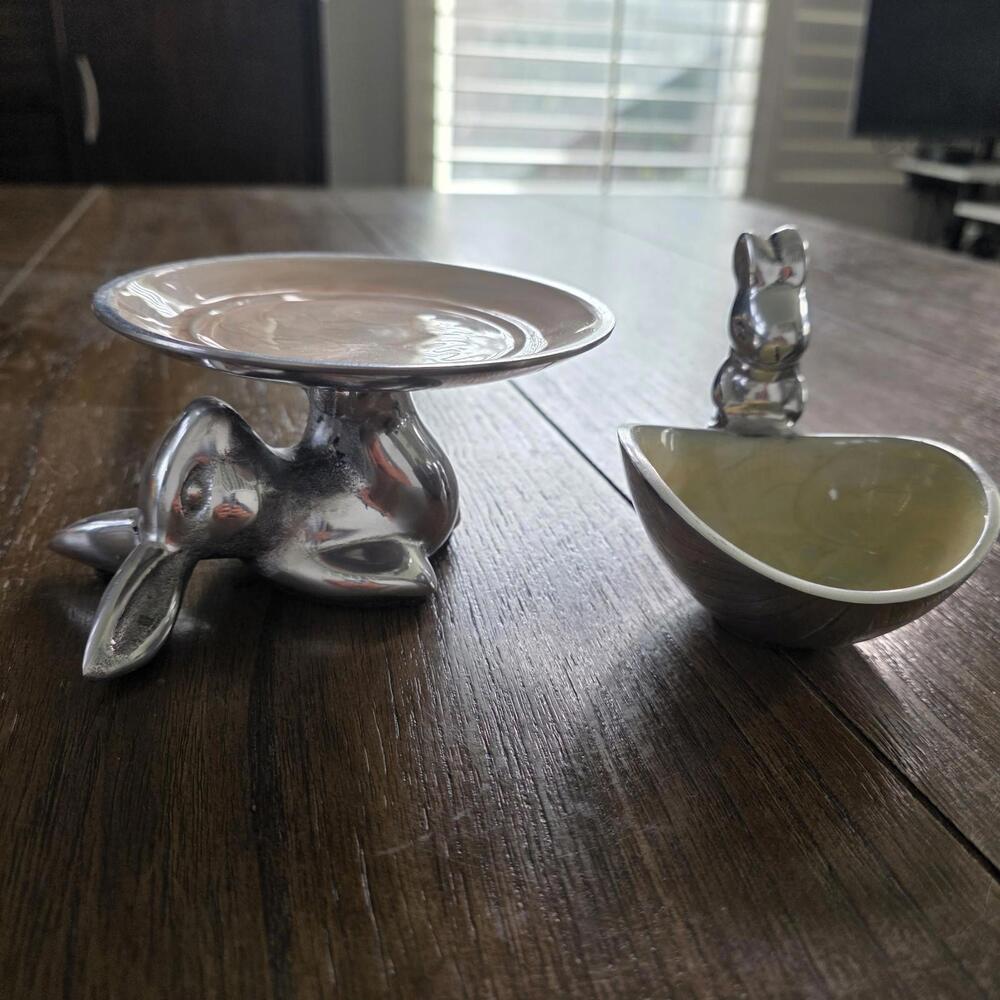 Silver Metal/Enamel Bunny Small Bowl & Trinket Dish Pink Made In India